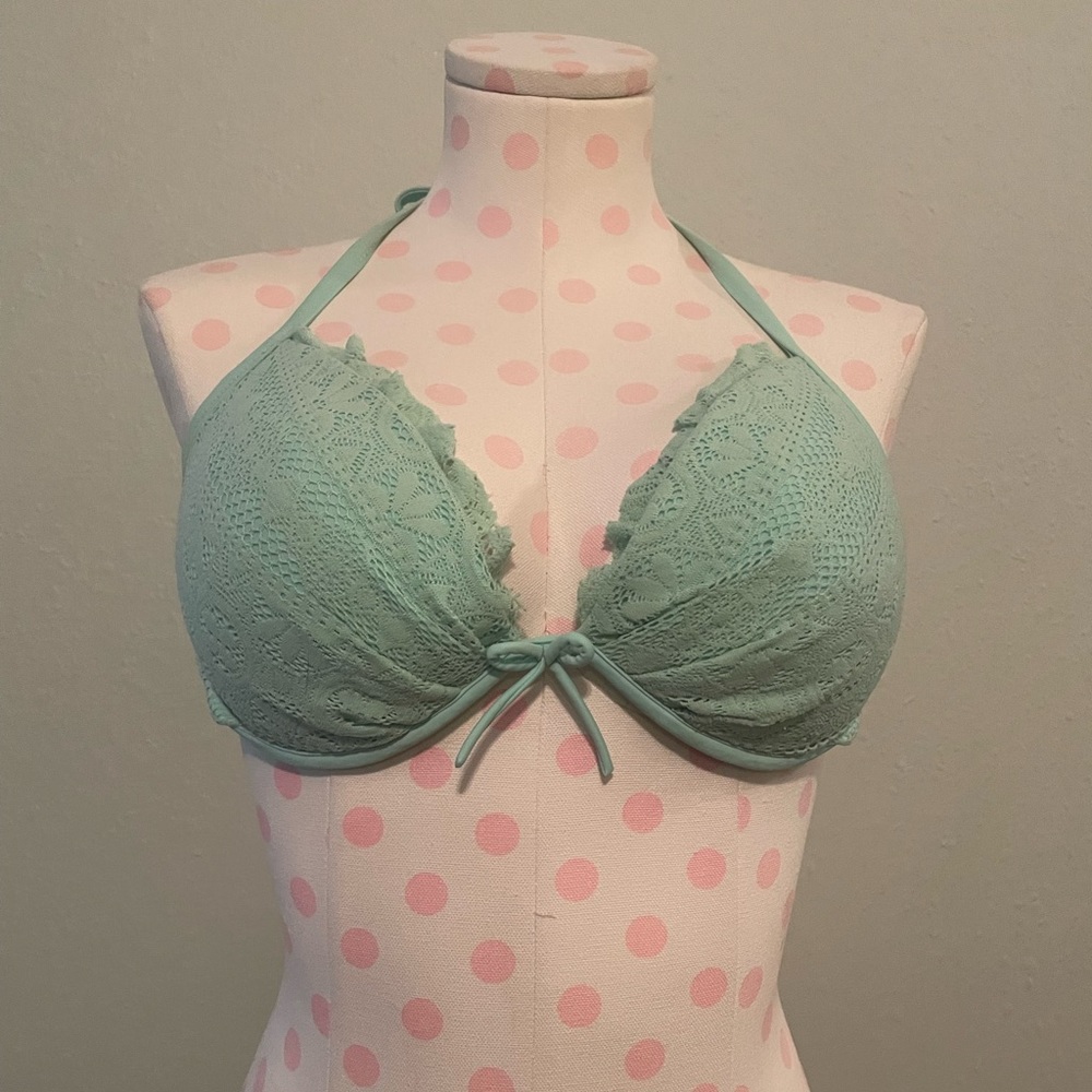 Victoria’s Secret halter bikini swim top size 36D. Light blue lace